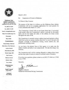 Letter from the commission XL 232x300 Oklahoma State Athletic Commission Halts Combat Sports